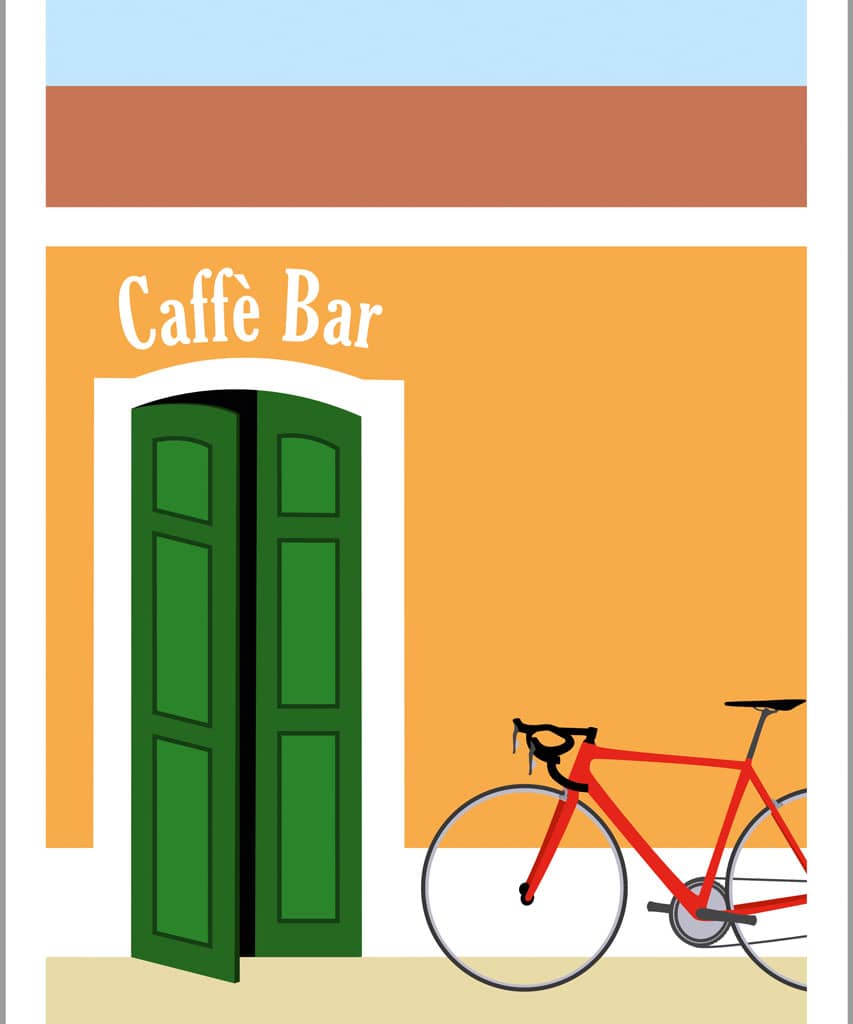 Ein gezeichnetes Rennrad ist an die Wand einer Espresso-Bar gelehnt.