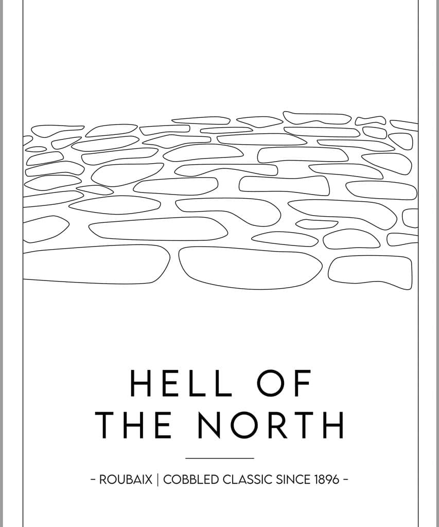 Stilisiertes Kopfsteinpflaster in schwarz-weiß, darunter der Schriftzug "Hell of the North"