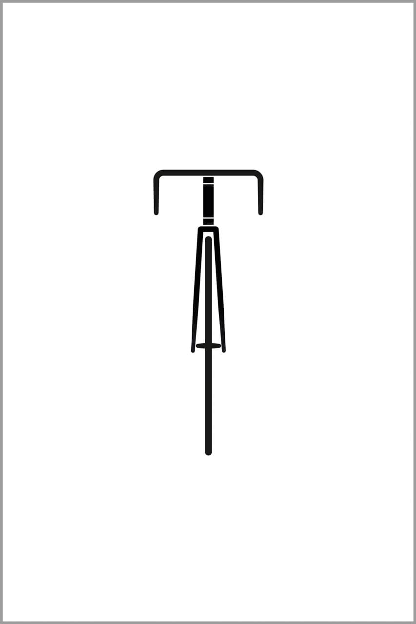 Ein stilisiertes Rennrad von vorne.