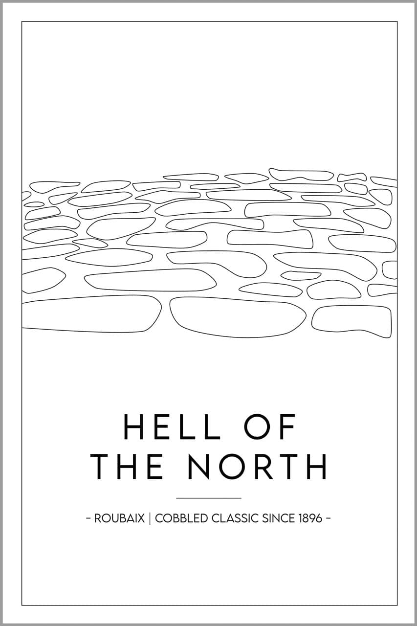 Stilisiertes Kopfsteinpflaster in schwarz-weiß, darunter der Schriftzug "Hell of the North"