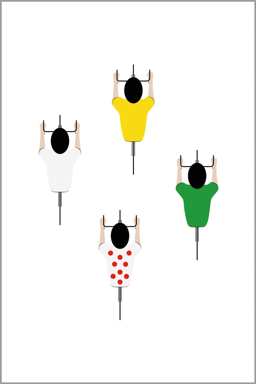 Vier Radfahrer in einem gelben, einem grünen, einem weißen und einem weiß-rot gepunkteten Trikot aus der Vogelperspektive